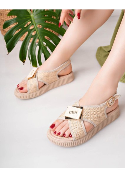 Cate Bej Hasır Cilt Sandalet