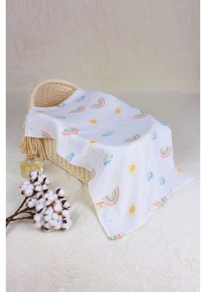 ® Müslin Örtü Bebek Çocuk 2'li Set Gökkuşağı Desen - Hardal Renk 2 Katlı %100 Organik Pamuk 110X110 cm Unisex
