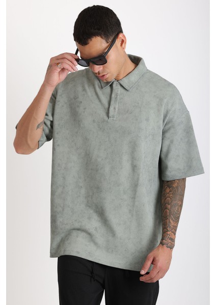 Eskitme Efektli Yıkamalı Double Pike Kumaş Erkek Polo Yaka Loose Fit Tişört