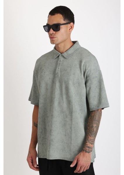 Eskitme Efektli Yıkamalı Double Pike Kumaş Erkek Polo Yaka Loose Fit Tişört indirimleri