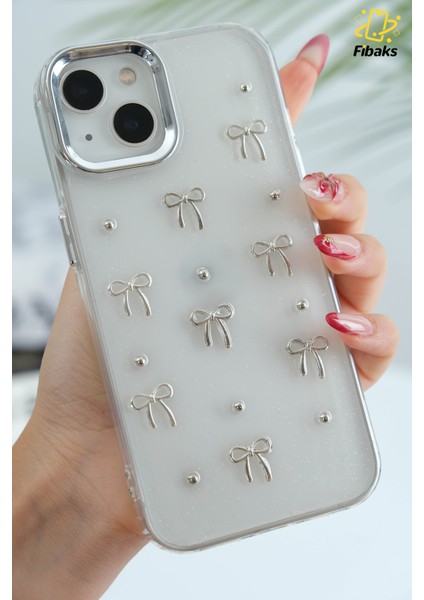 Apple iPhone 14 Plus Kılıf Fiyonk Desenli Şeffaf Simli Gümüş Kamera Çıkıntılı Parlak Kapak