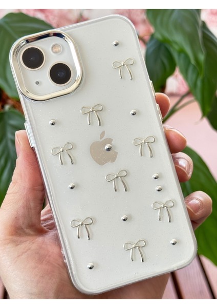 Apple iPhone 14 Plus Kılıf Fiyonk Desenli Şeffaf Simli Gümüş Kamera Çıkıntılı Parlak Kapak fırsatları