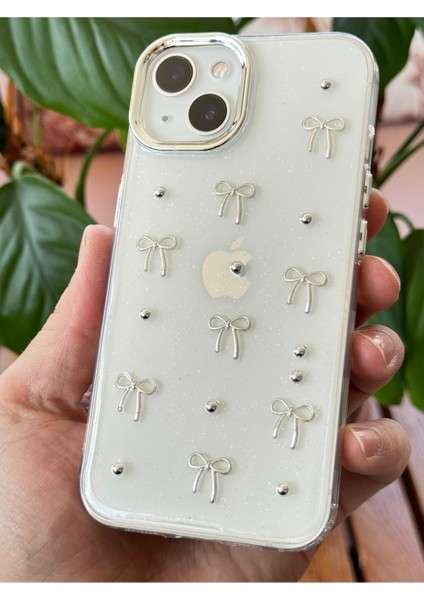 Apple iPhone 14 Plus Kılıf Fiyonk Desenli Şeffaf Simli Gümüş Kamera Çıkıntılı Parlak Kapak