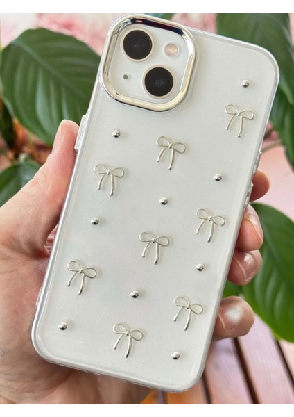 Apple iPhone 13 - 14 - 15 Kılıf Fiyonk Desenli Şeffaf Simli Gümüş Kamera Çıkıntılı Parlak Kapak modelleri
