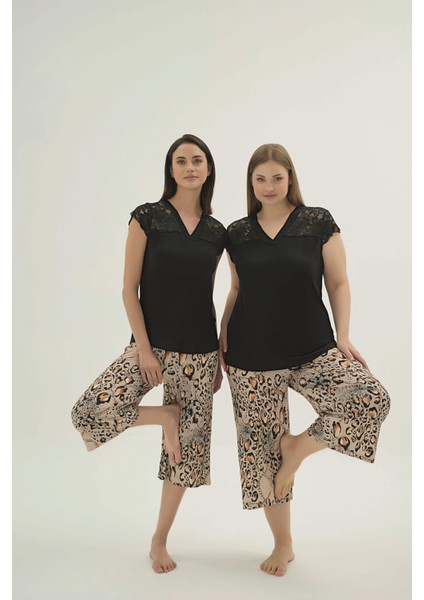 Kadın Büyük Beden Kısa Kollu Dantel Detaylı V Yaka Kapri Pijama Takımı C1T7N961 fiyatları