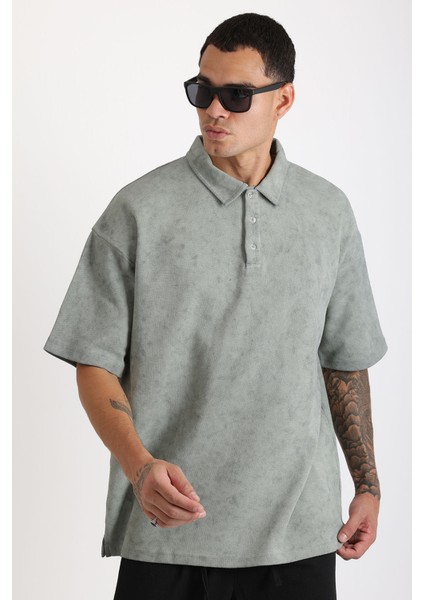Eskitme Efektli Yıkamalı Double Pike Kumaş Erkek Polo Yaka Loose Fit Tişört