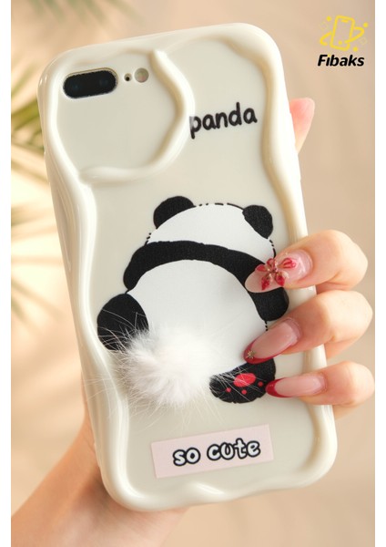 Apple iPhone 7/8 Plus Uyumlu Kılıf Tasarımlı Desenli Kamera Korumalı Panda Beyaz Püsküllü Silikon Kapak