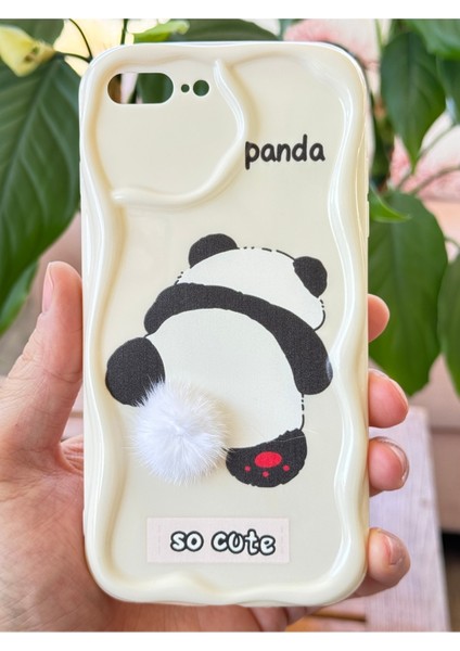 Apple iPhone 7/8 Plus Uyumlu Kılıf Tasarımlı Desenli Kamera Korumalı Panda Beyaz Püsküllü Silikon Kapak