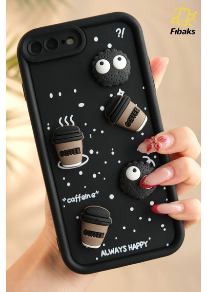 Apple iPhone 7 / 8 Plus Kılıf Tasarımlı Desenli Kamera Korumalı Coffee Kurabiye Siyah Yumuşak Silikon