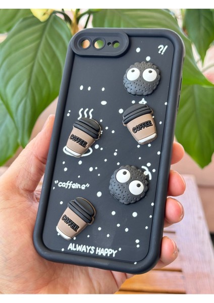 Apple iPhone 7 / 8 Plus Kılıf Tasarımlı Desenli Kamera Korumalı Coffee Kurabiye Siyah Yumuşak Silikon