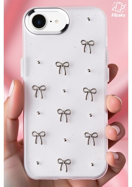 Apple iPhone 7/8/SE Kılıf Fiyonk Desenli Şeffaf Simli Gümüş Kamera Çıkıntılı Parlak Kapak