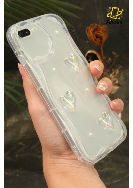Apple iPhone 7 / 8 Plus Kılıf 3D Kalpli Inci Tasarımlı Desenli Kamera Korumalı Şeffaf Silikon Kapak