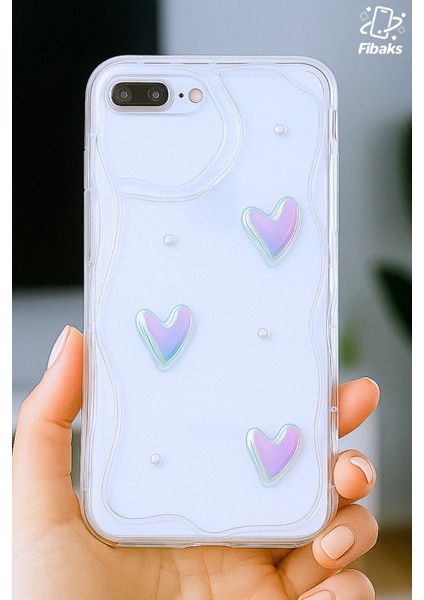 Apple iPhone 7 / 8 Plus Kılıf 3D Kalpli Inci Tasarımlı Desenli Kamera Korumalı Şeffaf Silikon Kapak