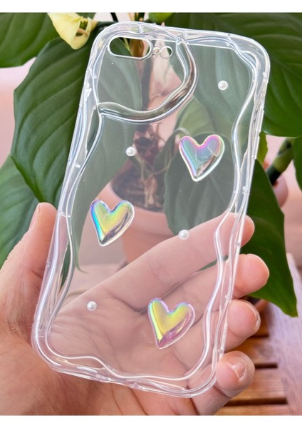 Apple iPhone 7 / 8 Plus Kılıf 3D Kalpli Inci Tasarımlı Desenli Kamera Korumalı Şeffaf Silikon Kapak