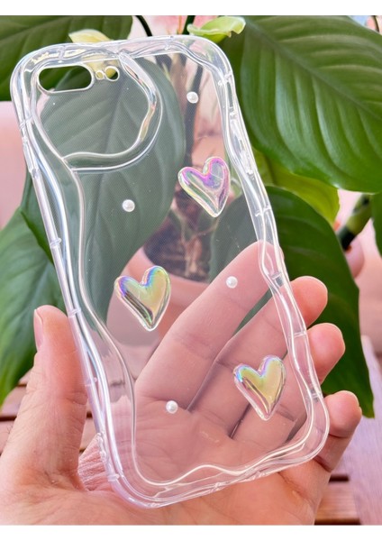Apple iPhone 7 / 8 Plus Kılıf 3D Kalpli Inci Tasarımlı Desenli Kamera Korumalı Şeffaf Silikon Kapak