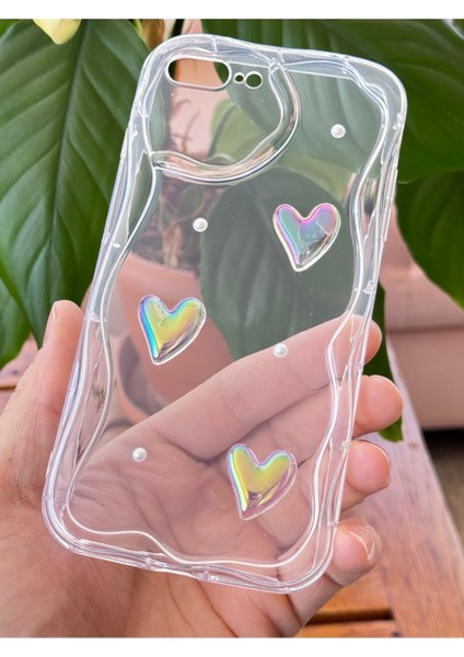 Apple iPhone 7 / 8 Plus Kılıf 3D Kalpli Inci Tasarımlı Desenli Kamera Korumalı Şeffaf Silikon Kapak
