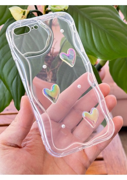 Apple iPhone 7 / 8 Plus Kılıf 3D Kalpli Inci Tasarımlı Desenli Kamera Korumalı Şeffaf Silikon Kapak