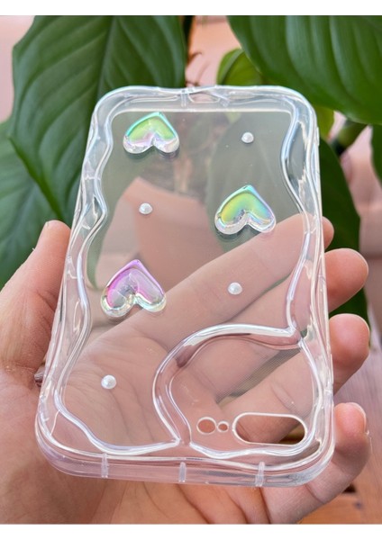 Apple iPhone 7 / 8 Plus Kılıf 3D Kalpli Inci Tasarımlı Desenli Kamera Korumalı Şeffaf Silikon Kapak