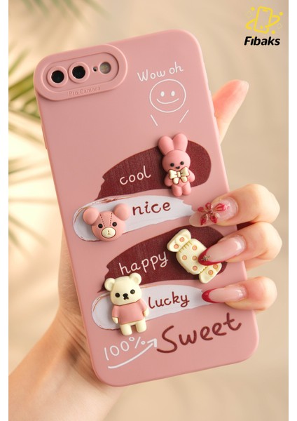 Apple iPhone 7 / 8 Plus Uyumlu Kılıf Tasarımlı Desenli Kamera Korumalı Tavşan Pembe Yumuşak Silikon Kap