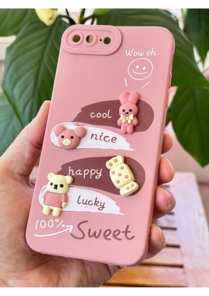 Apple iPhone 7 / 8 Plus Uyumlu Kılıf Tasarımlı Desenli Kamera Korumalı Tavşan Pembe Yumuşak Silikon Kap