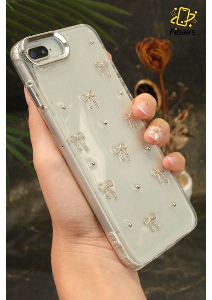 Apple iPhone 7 / 8 Plus Kılıf Fiyonk Desenli Şeffaf Simli Gümüş Kamera Çıkıntılı Parlak Kapak fiyatları