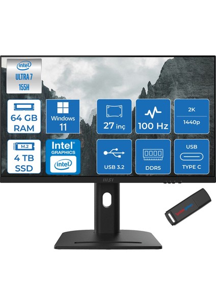 Msı Modern AM273QP Aı 1UM-241XTR Intel Core Ultra 7-155H 64GB Ddr5 4tb SSD Intel® Arc™ Graphics 100Hz 27 Inç 2k Wqhd 2560X1440 IPS WIN11PRO Siyah Allinone BILG.241XTRP20+ZETTAUSBBELLEK