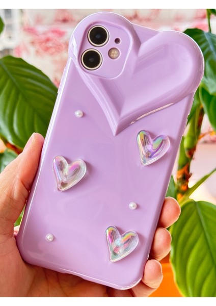 Apple iPhone 11 Kılıf Kalpli Inci Desenli Kalp Kamera Tasarımlı Lila Kamera Korumalı Silikon Kapak fiyatları