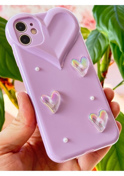 Apple iPhone 11 Kılıf Kalpli Inci Desenli Kalp Kamera Tasarımlı Lila Kamera Korumalı Silikon Kapak