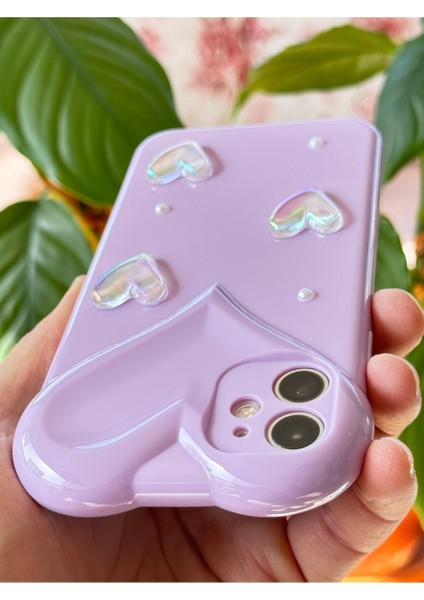 Apple iPhone 11 Kılıf Kalpli Inci Desenli Kalp Kamera Tasarımlı Lila Kamera Korumalı Silikon Kapak