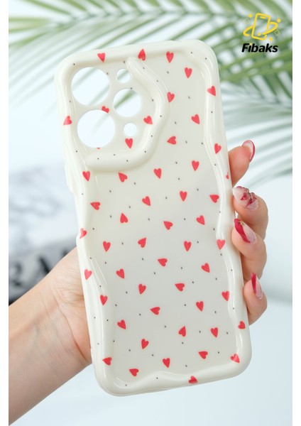 Xiaomi Redmi 12 4g Kılıf Kamera Korumalı Dalga Kenarlı Kırmızı Kalp Desenli Silikon Kapak