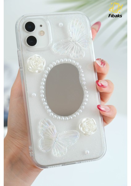 Apple iPhone 11 Kılıf 3D Kelebek Gül Desenli Aynalı Simli Şeffaf Tasarımlı Silikon Kapak