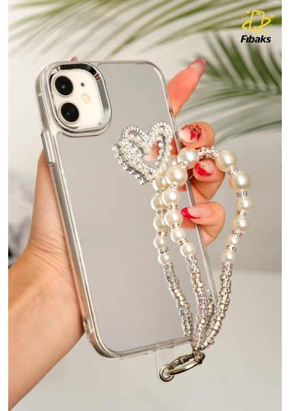 Apple iPhone 11 Kılıf Aynalı Inci Charm Askılı Kalp Tasarımlı Desenli Silikon Kapak fiyatları