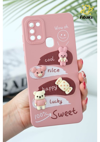 Samsung Galaxy A21S Uyumlu Kılıf Tasarımlı Desenli Kamera Korumalı Tavşan Pembe Yumuşak Silikon Kapak