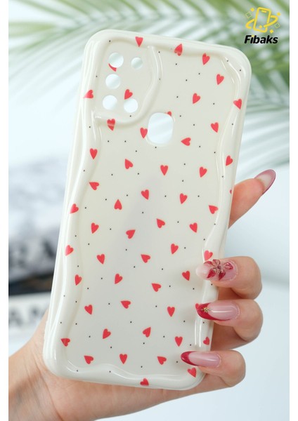 Samsung Galaxy A21S Kılıf Kamera Korumalı Dalga Kenarlı Kırmızı Kalp Desenli Silikon Kapak