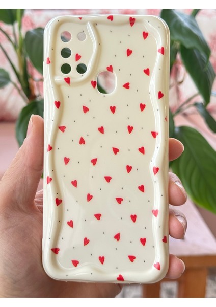 Samsung Galaxy A21S Kılıf Kamera Korumalı Dalga Kenarlı Kırmızı Kalp Desenli Silikon Kapak modelleri