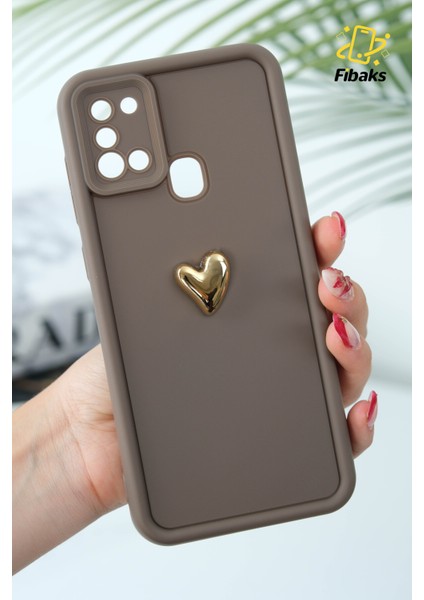 Samsung Galaxy A21S Kılıf 3D Kalp Tasarımlı Kahverengi Desenli Yumuşak Kamera Korumalı Silikon Kapak