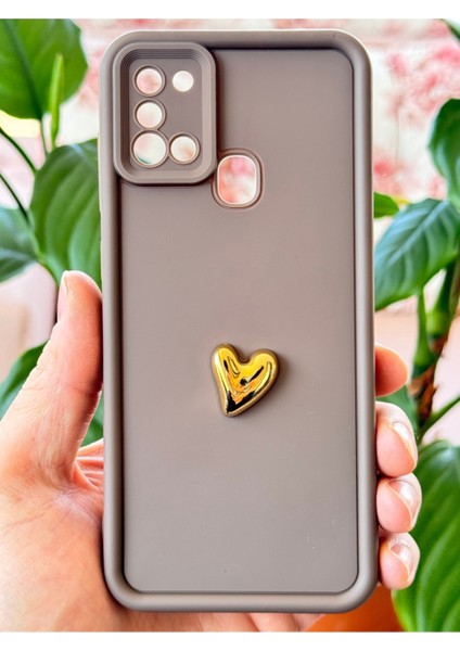 Samsung Galaxy A21S Kılıf 3D Kalp Tasarımlı Kahverengi Desenli Yumuşak Kamera Korumalı Silikon Kapak modelleri