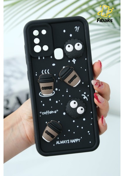 Samsung Galaxy A21S Kılıf Tasarımlı Desenli Kamera Korumalı Coffee Kurabiye Siyah Yumuşak Silikon Kapak