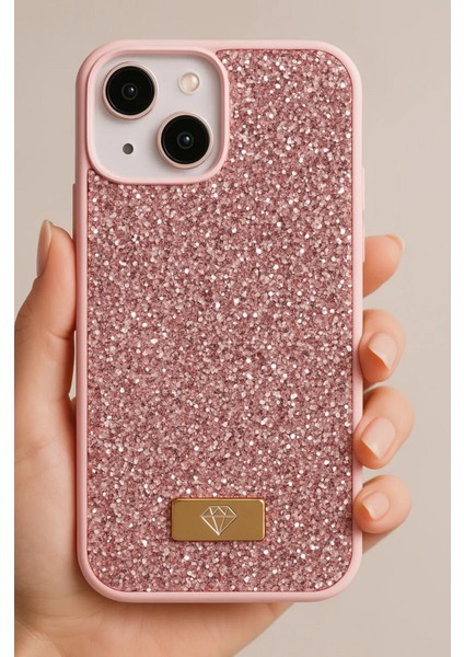 Apple iPhone 13 - 14 - 15 Uyumlu Kılıf Elmas Tasarımlı Pembe Taşlı Işıltılı Pırlanta Silikon Kapak