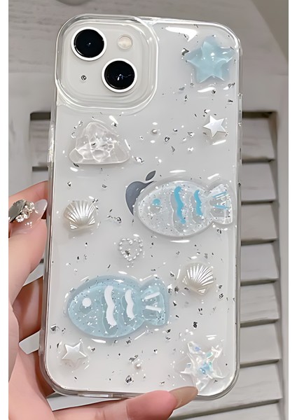 Apple iPhone 13 - 14 - 15 Kılıf Simli Mavi Balık ve Deniz Kabuğu Desenli Tasarımlı Silikon Kapak modelleri