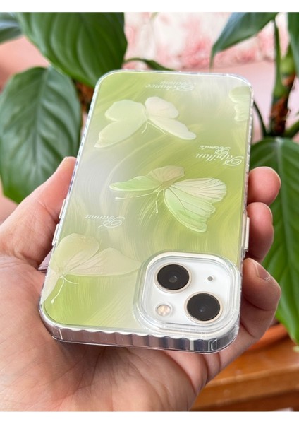 Apple iPhone 13/14 Uyumlu Kılıf Parlak Hologram Yeşil Kelebek Desenli Darbe Emici Kamera Korumalı Silikon