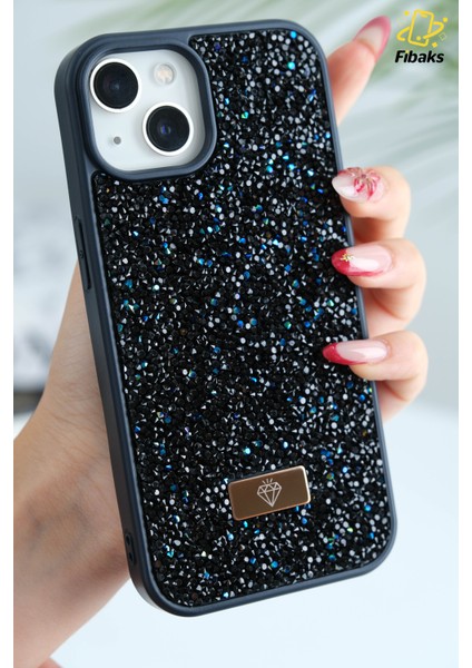 Apple iPhone 13 - 14 - 15 Kılıf Elmas Tasarımlı Lacivert Taşlı Işıltılı Pırlanta Silikon Kapak