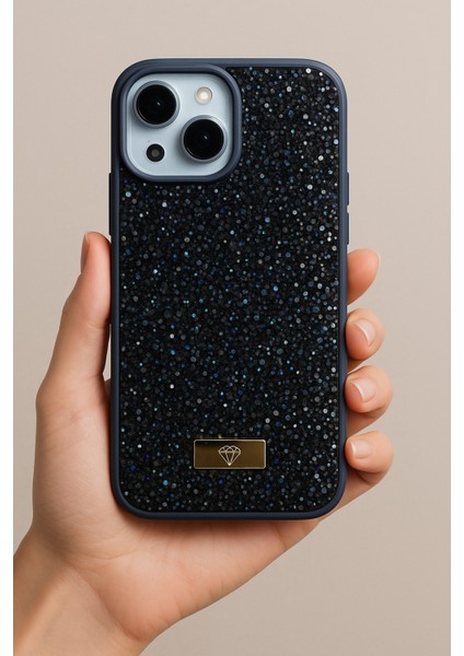 Apple iPhone 13 - 14 - 15 Kılıf Elmas Tasarımlı Lacivert Taşlı Işıltılı Pırlanta Silikon Kapak modelleri