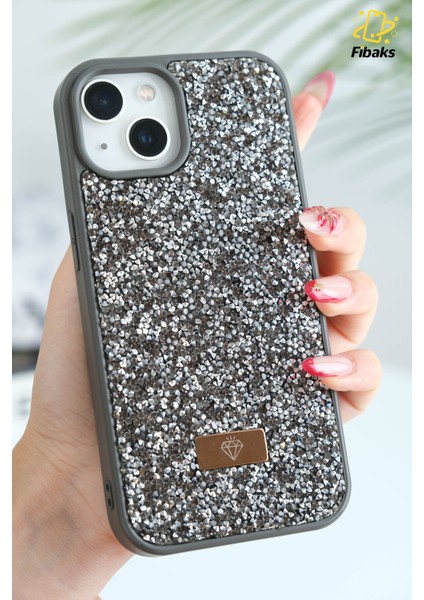 Apple iPhone 13 - 14 - 15 Uyumlu Kılıf Elmas Tasarımlı Gri Taşlı Işıltılı Pırlanta Silikon Kapak