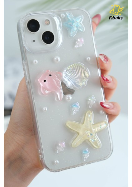 Apple iPhone 13 - 14 - 15 Kılıf Şeffaf Simli Deniz Yıldızı Vatoz Deniz Kabuğu Desenli Silikon Kapak