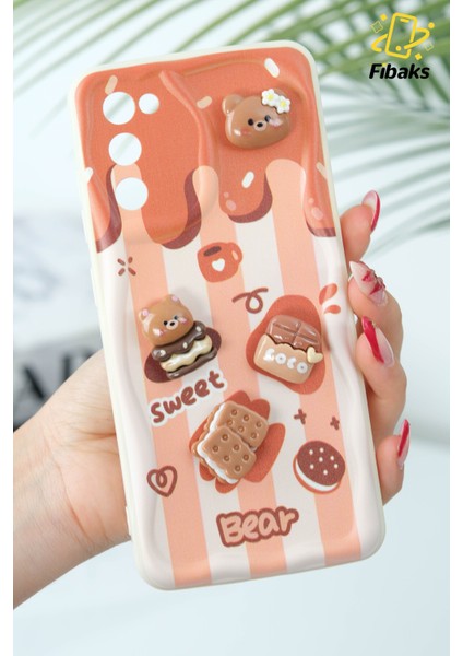 Samsung Galaxy S21 Fe Kılıf Tasarımlı Desenli Kamera Korumalı Ayıcık Bisküvi Renkli Cofffe Silikon Kapak