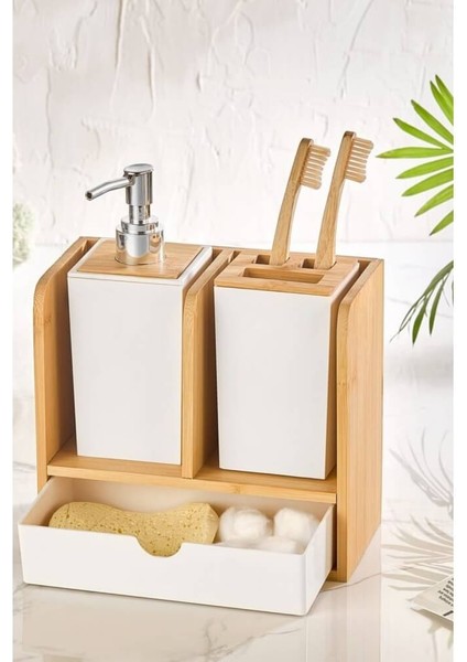 Standlı Çekmeceli Bambu Sabunluk Diş Fırçalık
