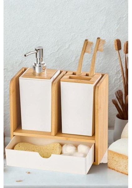 Standlı Çekmeceli Bambu Sabunluk Diş Fırçalık modelleri