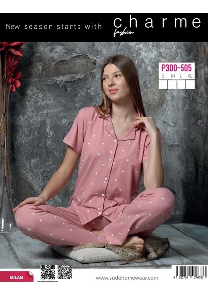 Milan Kumaş Charme Pembe Kalpli Pijama Takımı