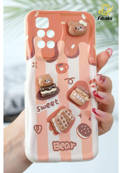 Xiaomi Redmi 10 2022 Kılıf Tasarımlı Desenli Kamera Korumalı Ayıcık Bisküvi Renkli Cofffe Silikon Kapak